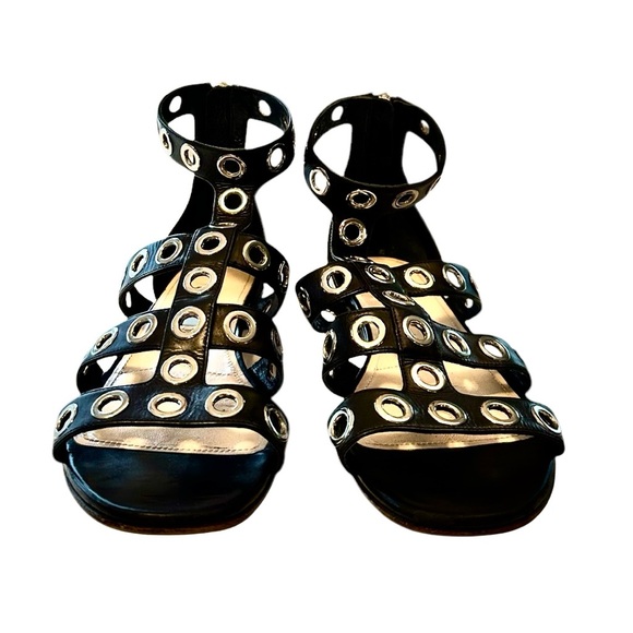 Prada Black Leather Gladiator Sandals with Silver Grommets